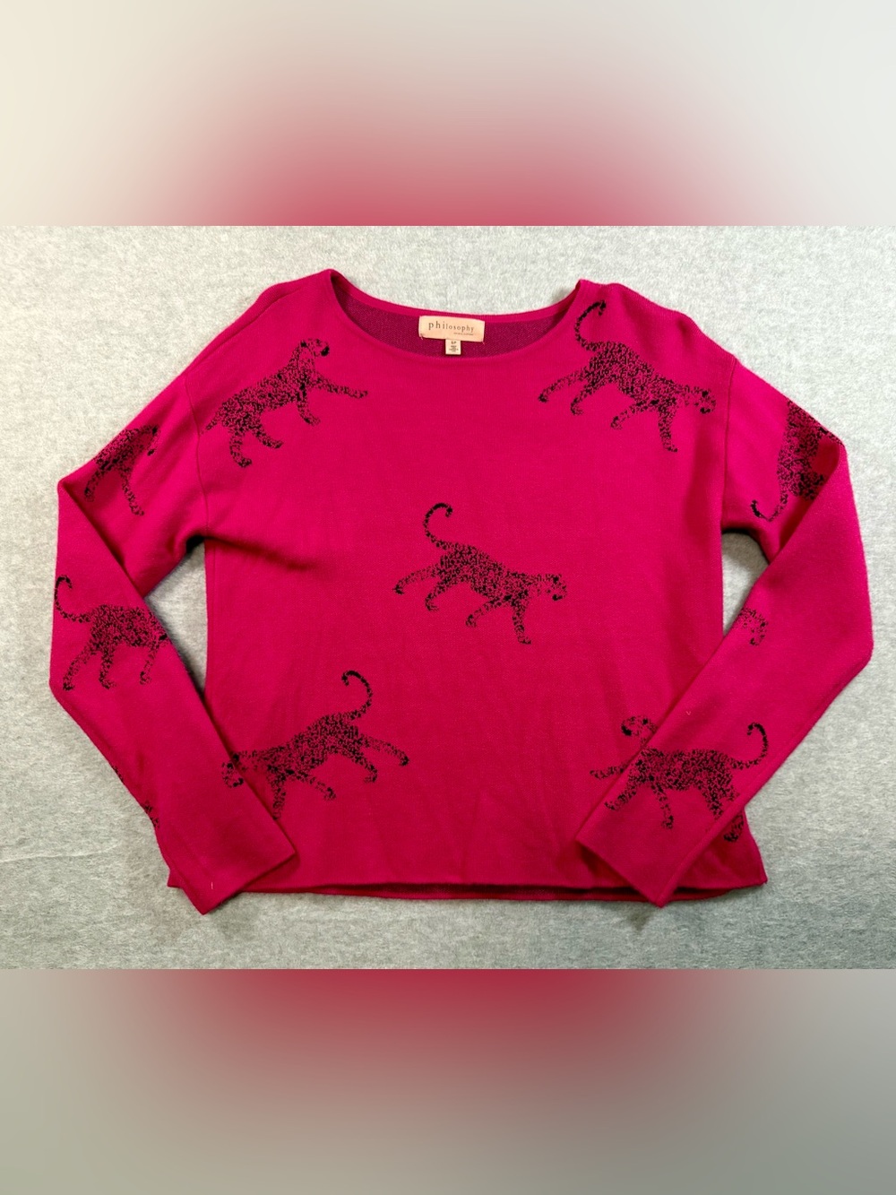 Philosophy Bright Fuchsia Crewneck Sweater with Black Leopard Motif
